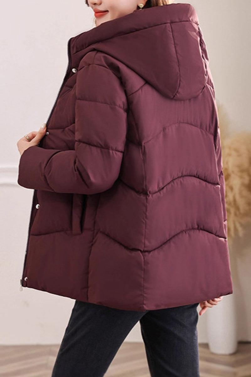 Everyday Warmth Coat mid-length hooded insulated jacket in deep burgundy with 5-layer thermal construction and wind-resistant shell.