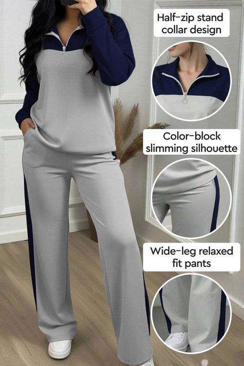 Colorblock Comfort Leisure Set women's winter two-piece outfit with half-zip stand collar, color-block slimming top, and wide-leg relaxed pants in navy and gray