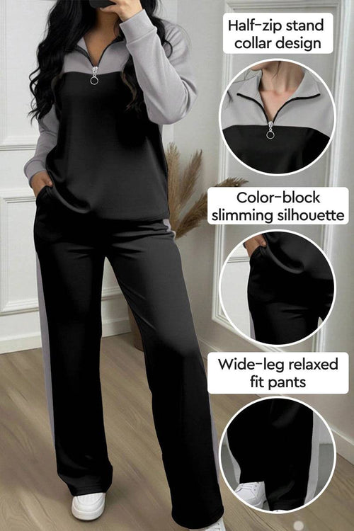 Woman wearing Colorblock Comfort Leisure Set with half-zip stand collar, color-block slimming top, and wide-leg relaxed fit pants