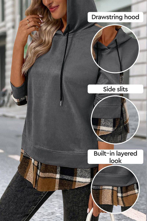 Gray Countryside Layered Hoodie with built-in plaid hem and cuffs, drawstring hood, and side slits, featuring a relaxed tunic fit.