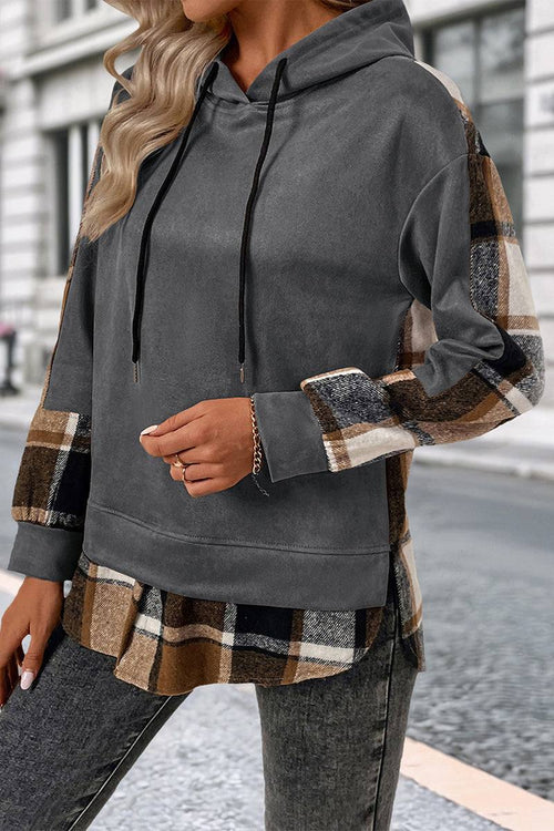 Women's Countryside Layered Hoodie with plaid hem and cuffs, relaxed fit, drop shoulder, and drawstring hood in soft velvet-touch fabric