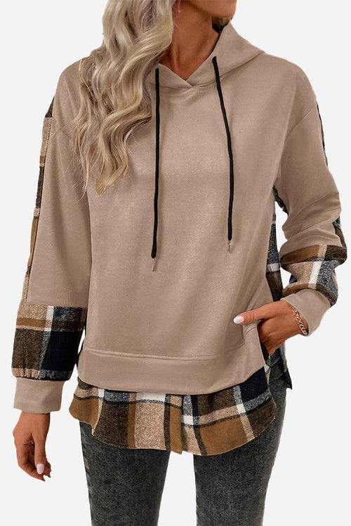 Women's Countryside Layered Hoodie with plaid hem and cuffs, relaxed fit, drawstring hood, and soft fabric.