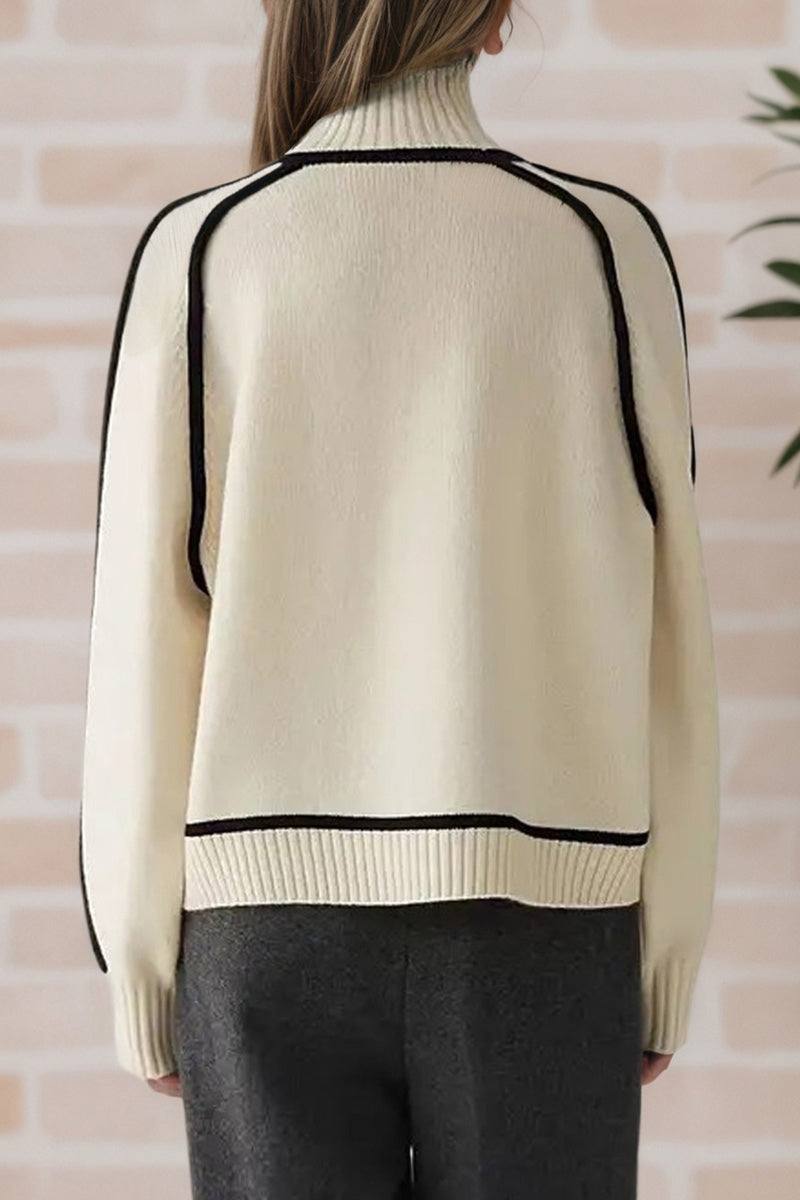 Back view of cream Zero Itch Turtleneck Sweater with black contrast trim and relaxed fit on model