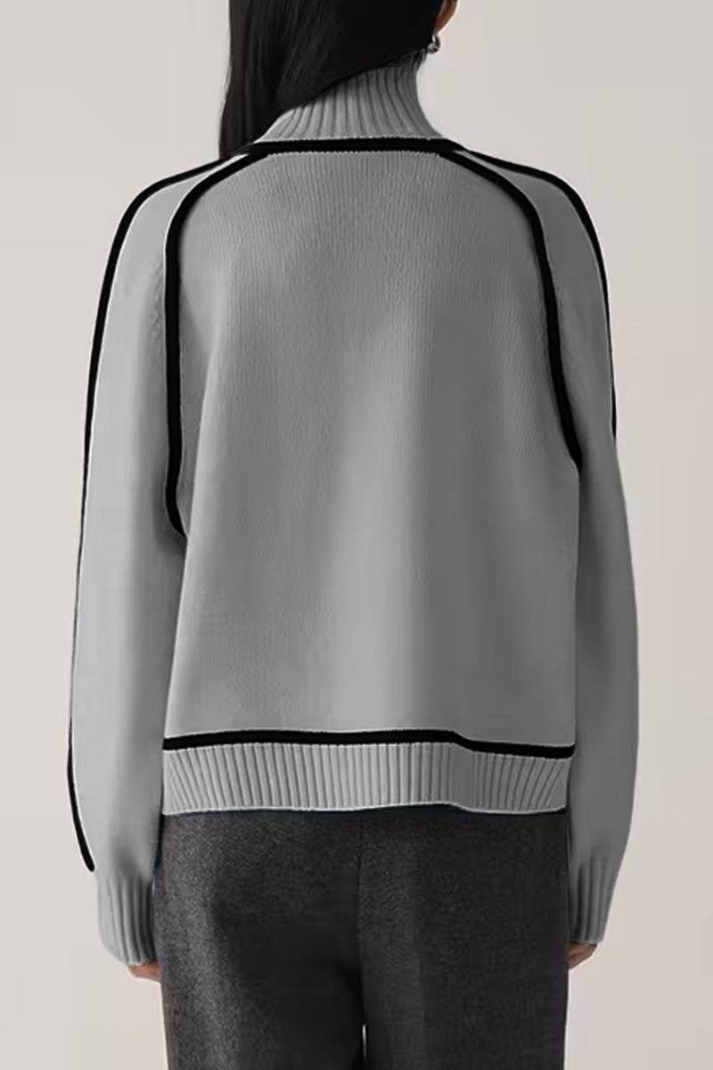 Back view of gray Zero Itch Turtleneck Sweater with black contrast trim and relaxed fit