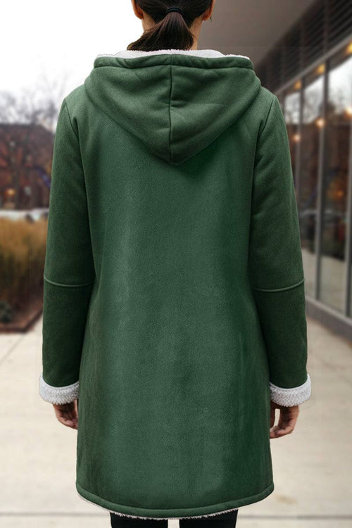 Back view of green warm toggle button hooded coat with sherpa lining and relaxed fit worn outdoors