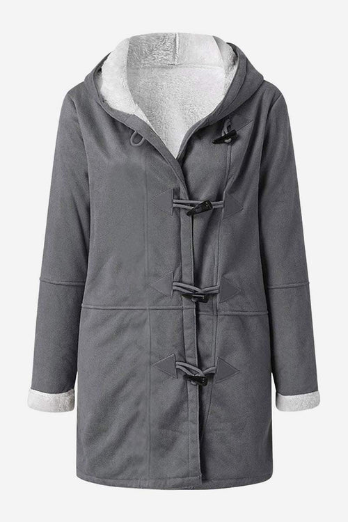 Grey warm toggle button hooded coat with sherpa lining and faux suede exterior