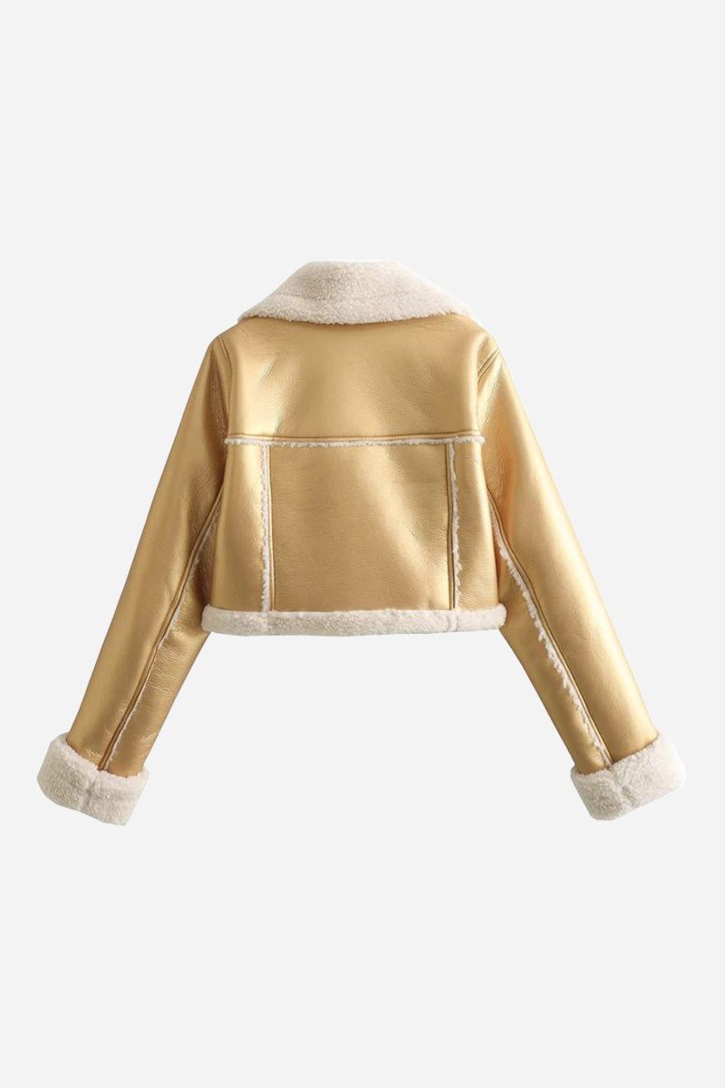 Cropped faux leather sherpa jacket with cream trim and full fleece lining, warm and wind-resistant
