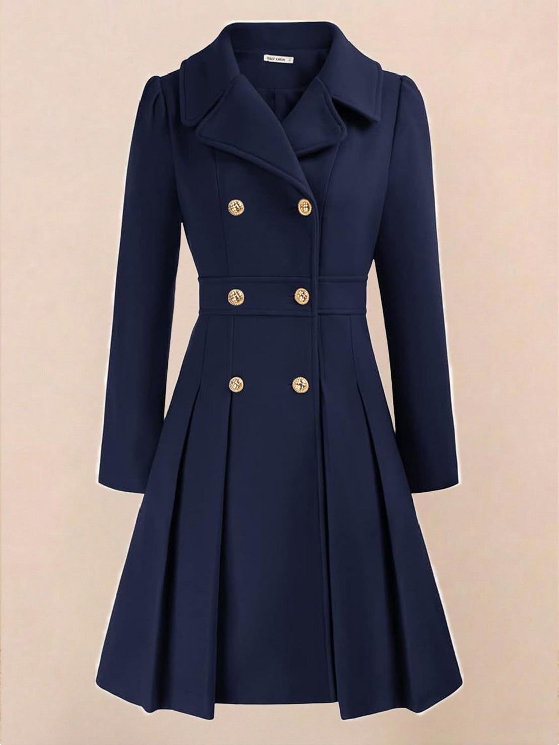 Tailored fit and flare trench coat with A-line silhouette and double-breasted buttons in smooth non-wool fabric