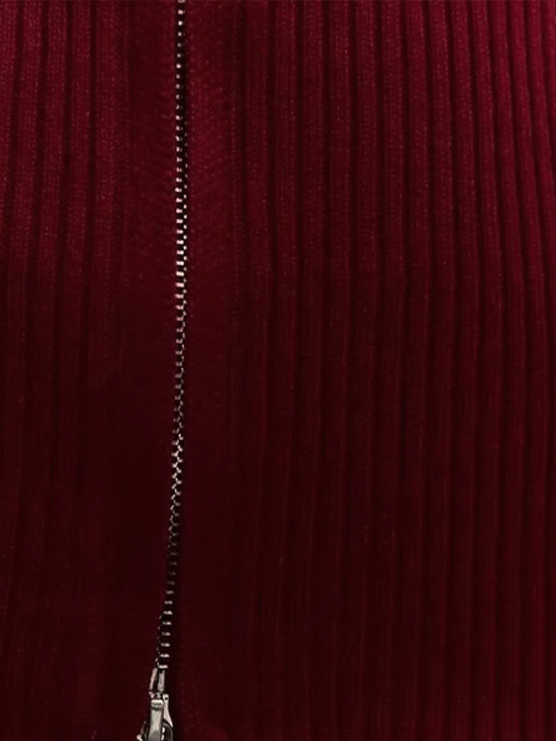 black zip-up knit cardigan jacket with vertical ribbing and high neckline on white background