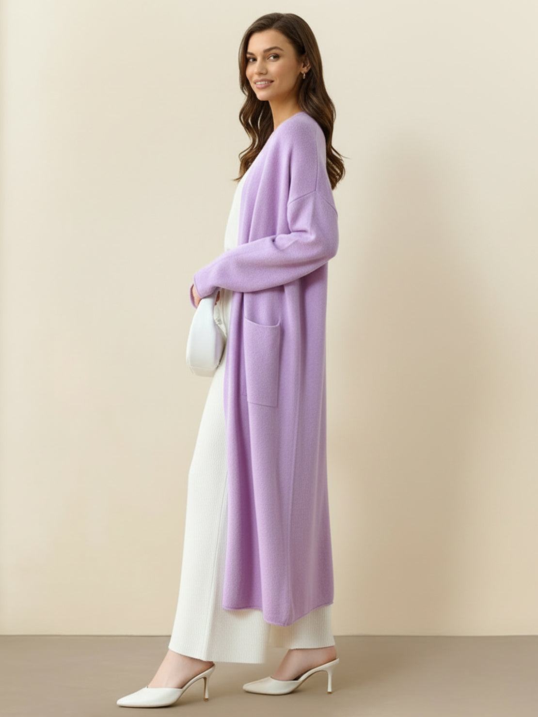 100% Australian Merino Wool long open-front cardigan with pockets and ribbed cuffs for fall layering