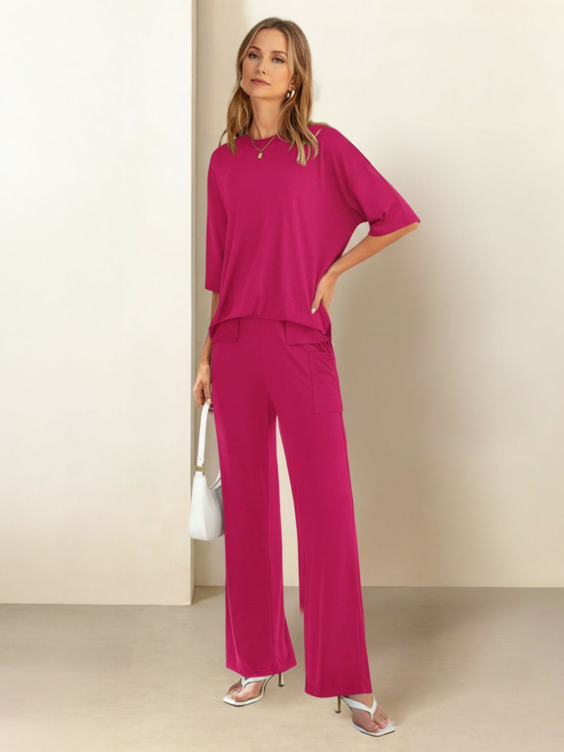 Oversized long-line loungewear set with relaxed pullover and straight-leg pants in soft, breathable knit fabric