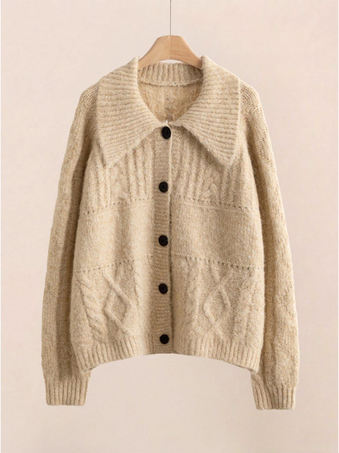 Wool-blend button-front cardigan with wide collar and five buttons, soft anti-pilling knit, lightweight warmth, drop-shoulder sleeves.