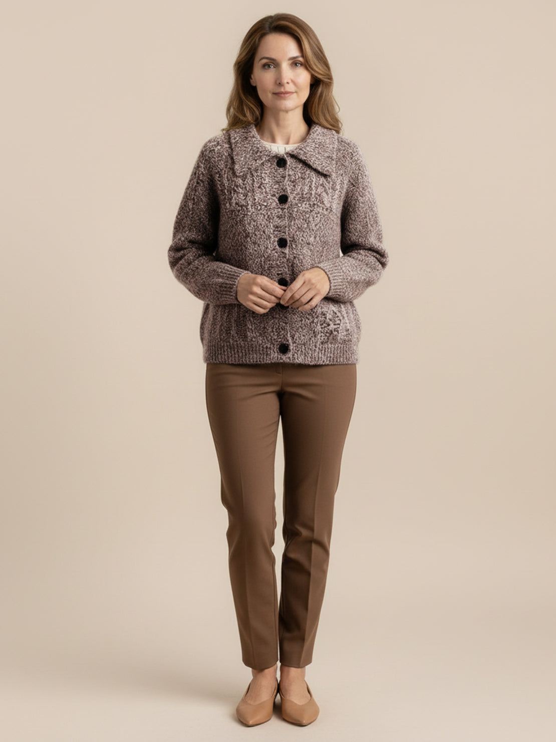 Wool-blend button-front cardigan with wide collar and five-button closure in soft knit fabric.