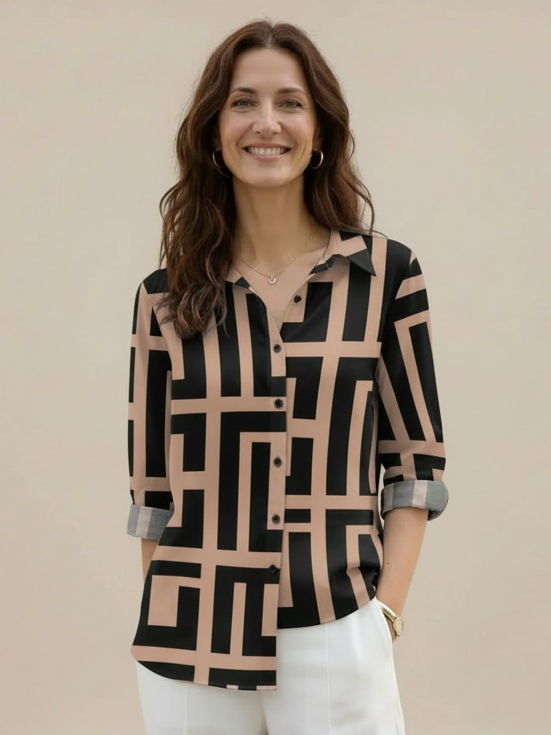 floral button-down shirt with long roll-up sleeves and hip-length relaxed fit