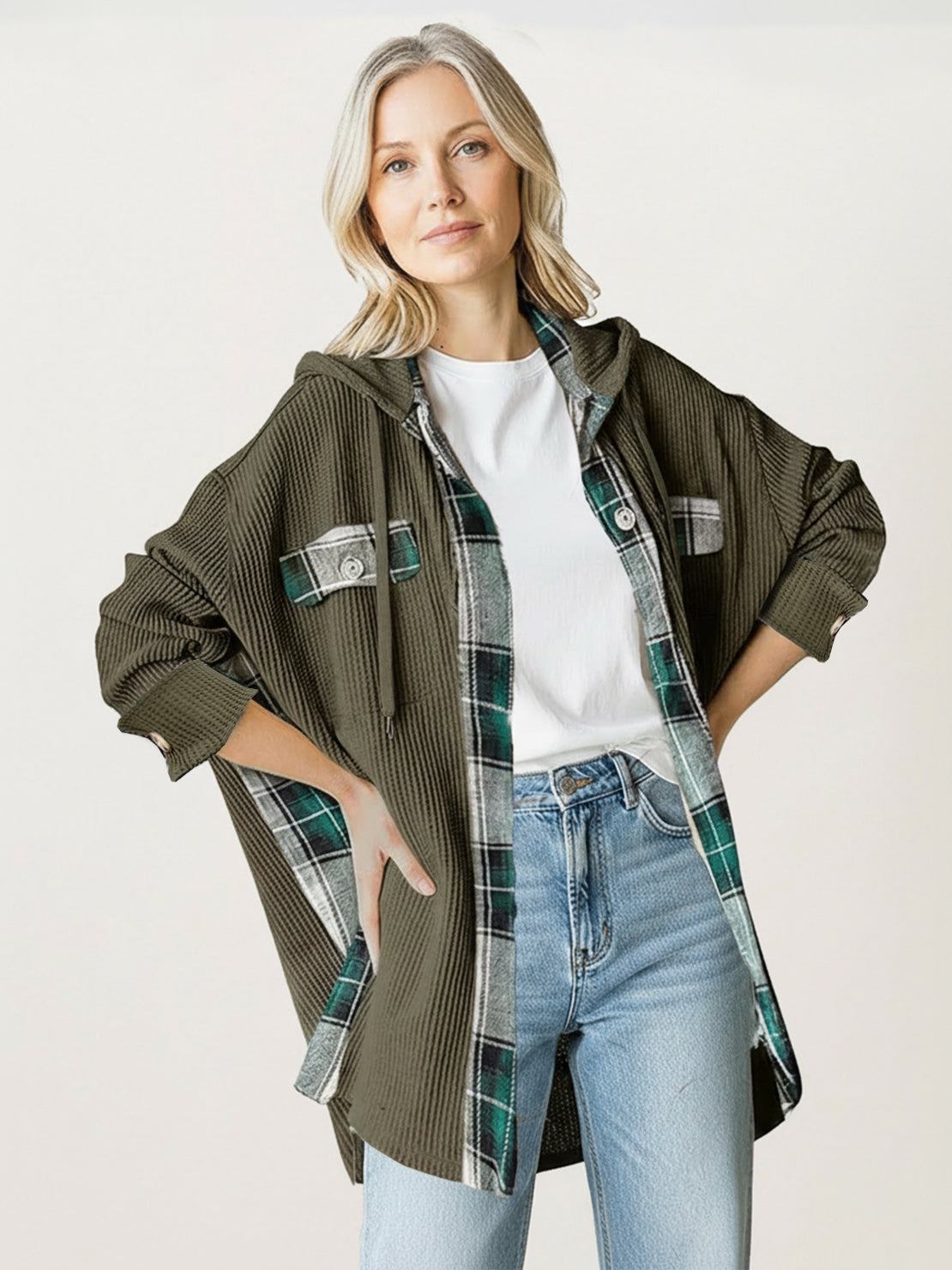 CloudKnit Oversized Hooded Shacket waffle knit hip-length shacket with attached drawstring hood and button-front closure