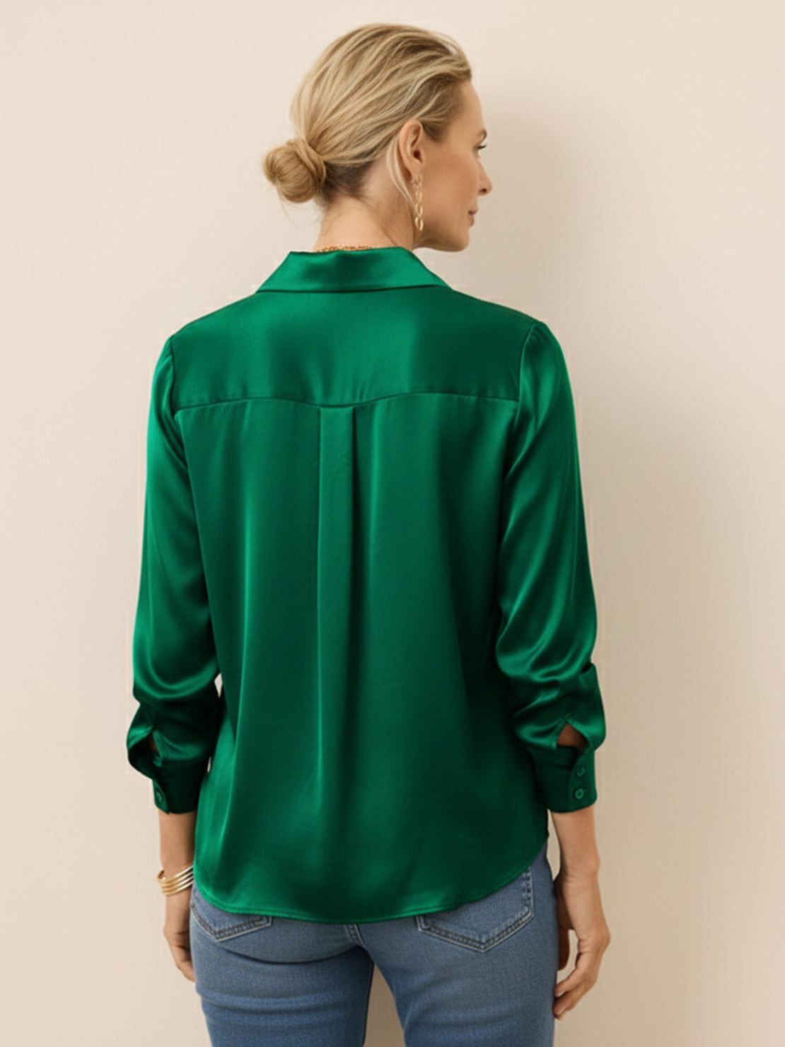 Silk-finish button front shirt with relaxed fit and smooth fabric drape