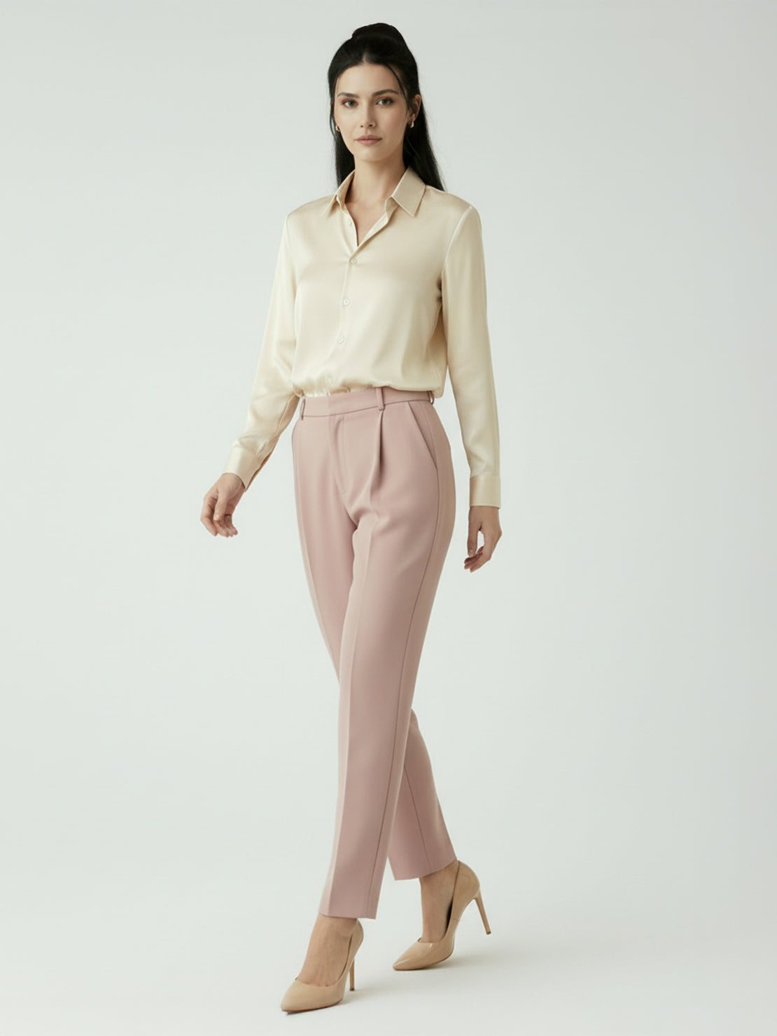 silk-finish button front shirt with smooth fabric, relaxed fit, and curved hem