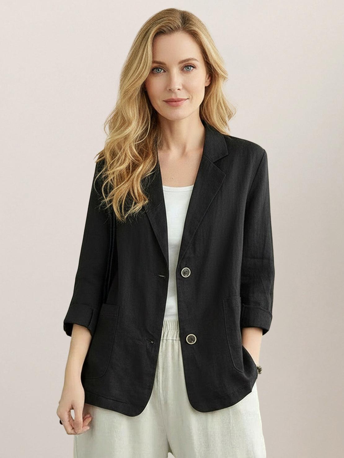 Cotton-linen blazer with notch lapels and two-button front in natural textured fabric