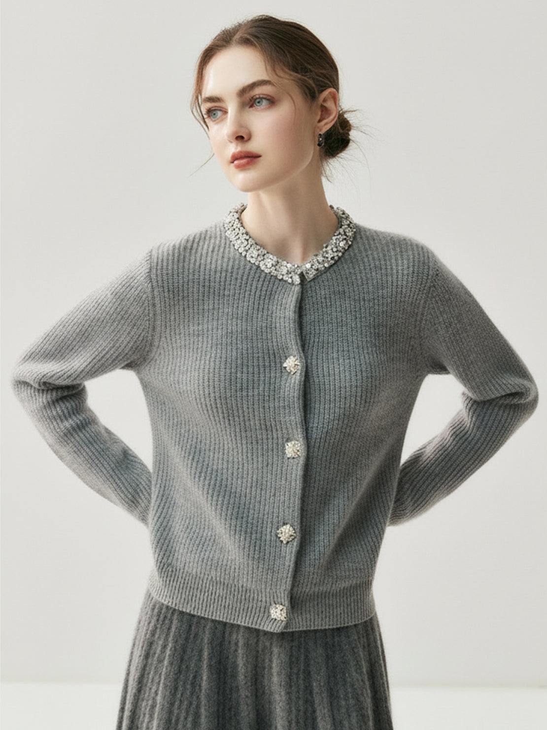 100% Alashan cashmere diamond-collar cardigan with crystal details and fine-gauge ribbed knit