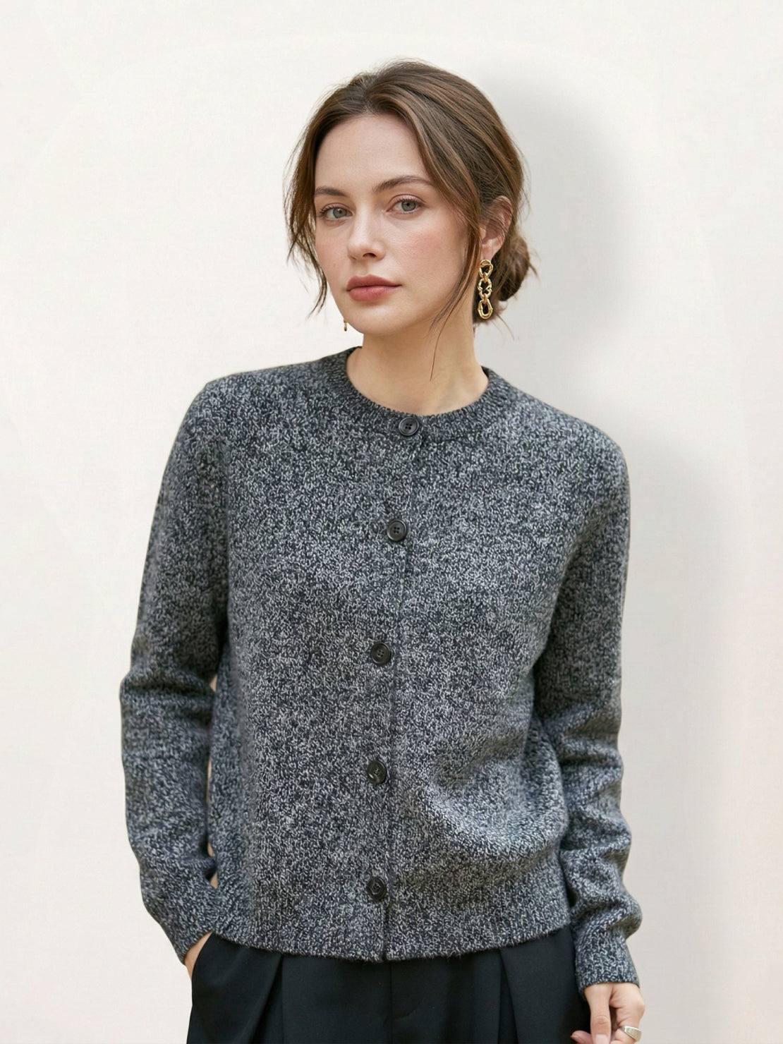 Marled knit merino wool cardigan with chunky texture and contrasting buttons