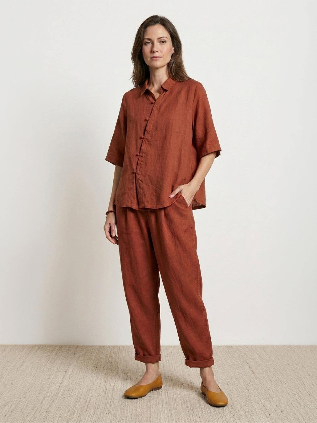 100% cotton artisan two-piece set with oversized shirt and wide-leg pants