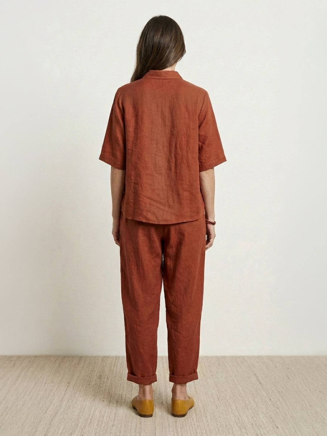 100% cotton artisan two-piece set with oversized button-front shirt and wide-leg cropped pants