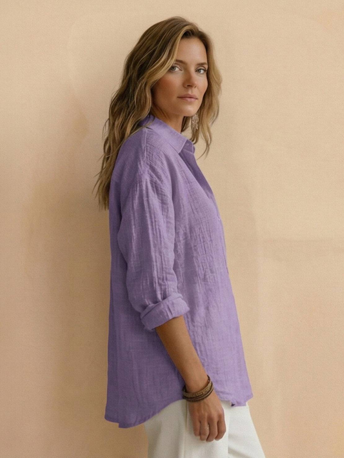 Lightweight 100% cotton popover blouse with relaxed oversized fit and natural crinkle texture