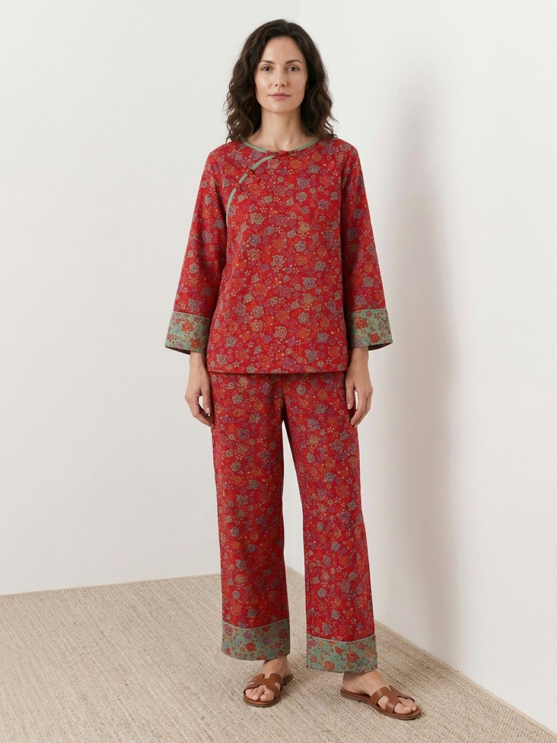 100% cotton Chinese Pankou pajamas set with tunic top and wide-leg pants featuring frog knot closures and contrast piping