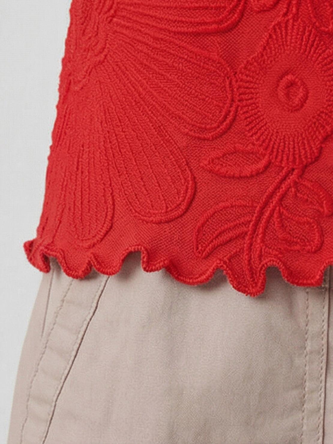 Floral Jacquard Pleated Top with 3D floral texture, flutter sleeves, and relaxed A-line silhouette