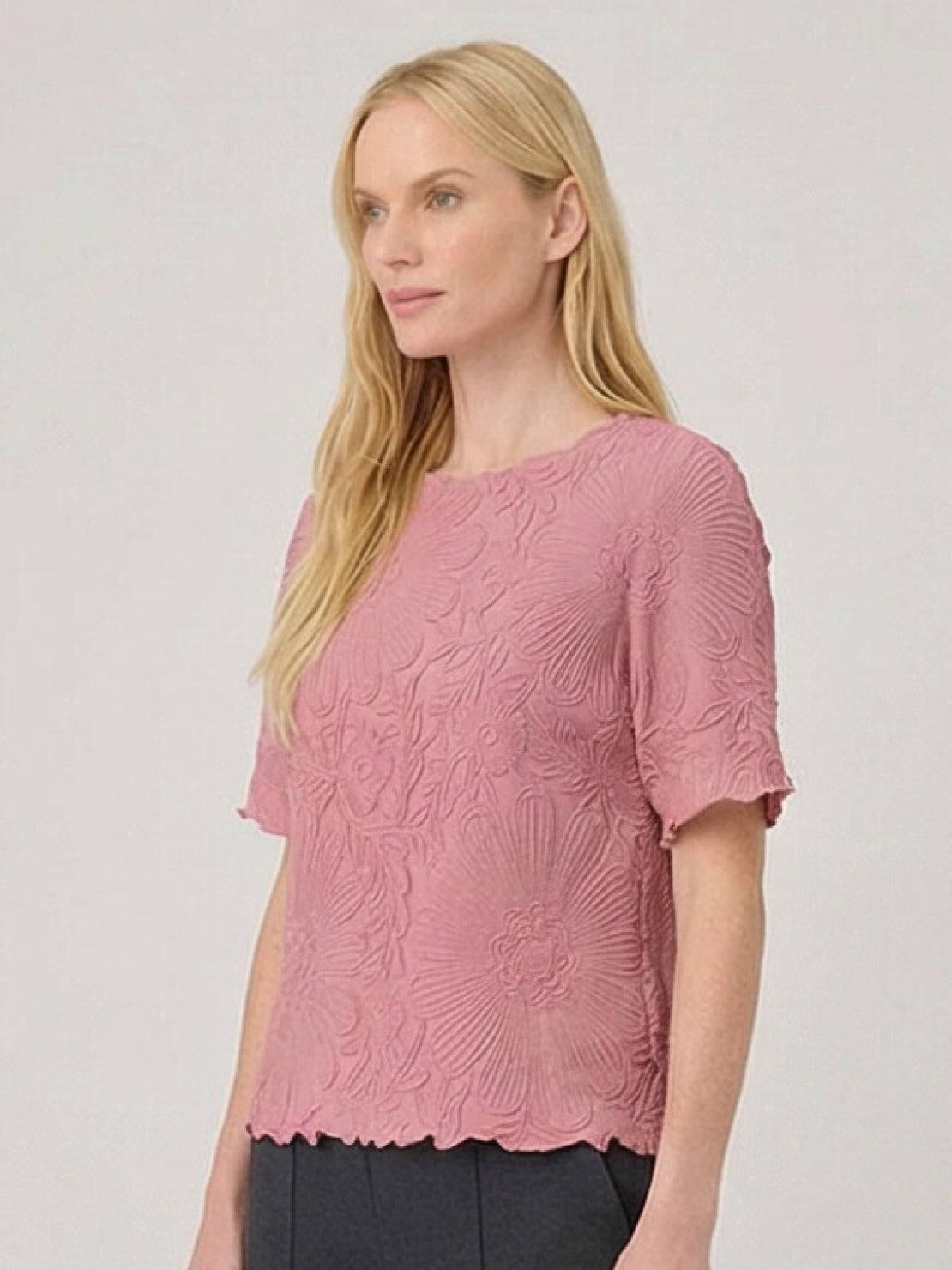 Floral Jacquard Pleated Top with 3D floral texture, flutter sleeves, and relaxed A-line fit