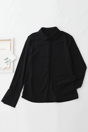 Black Bayam Blouse with long sleeves and button detail, made of 100% polyester, classic and versatile design.