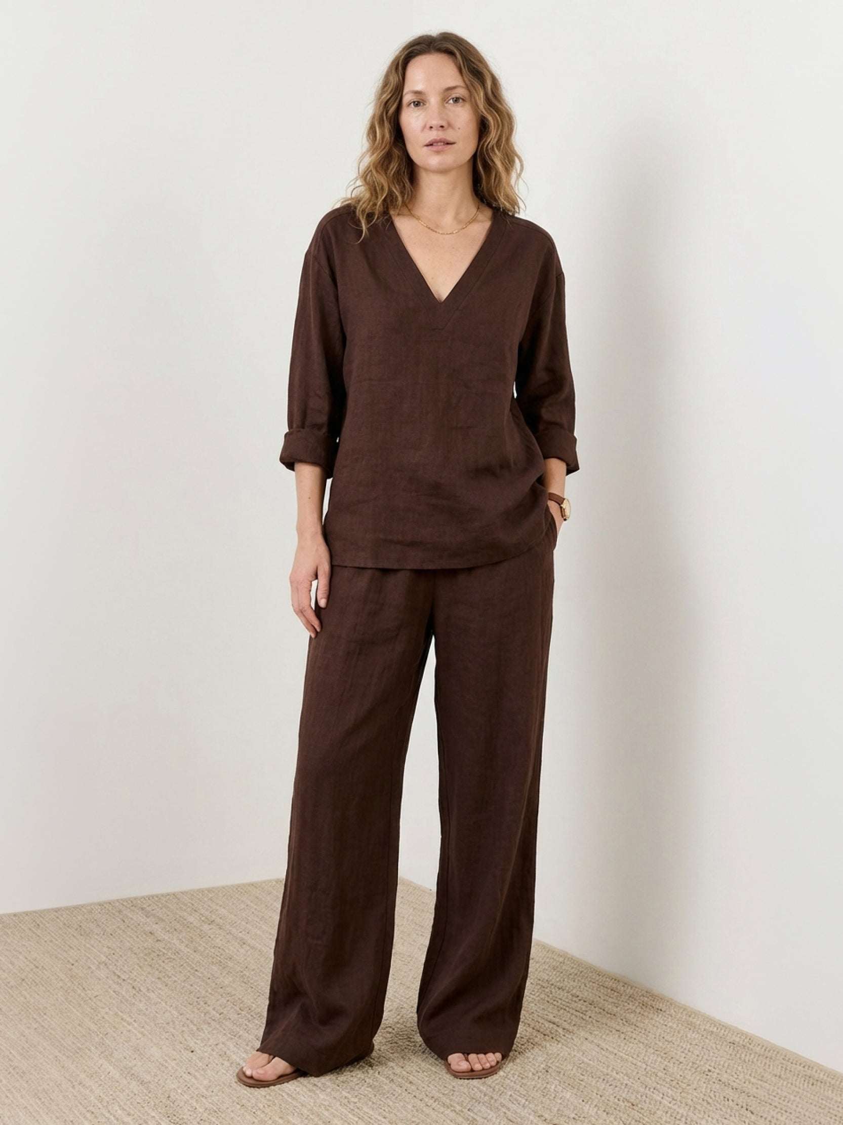 Women wearing 100% cotton linen set with V-neck top and wide-leg pants