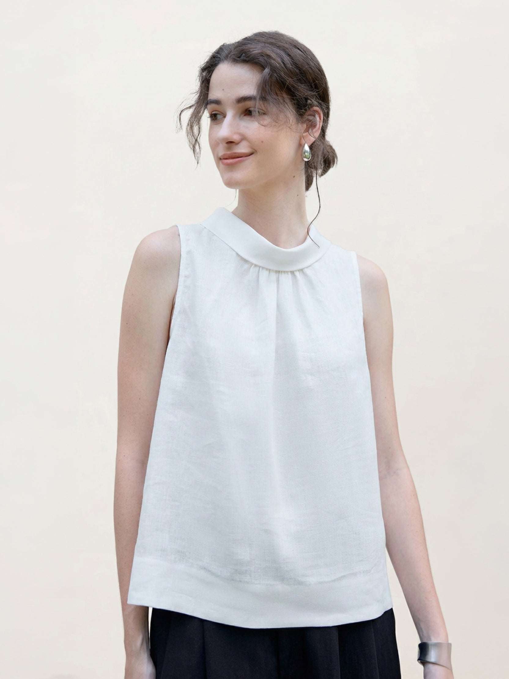 Sleeveless 100% linen cowl-collar top with boxy fit and A-line hem flare