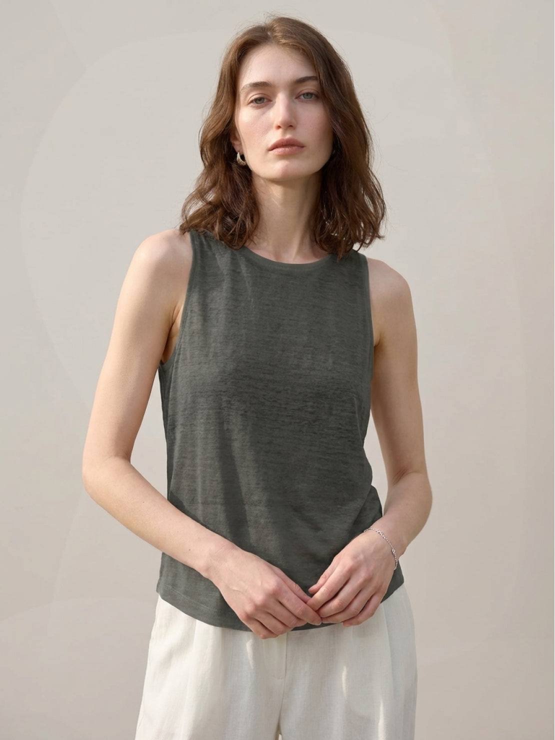 100% linen wide neck vest with cowl drape and boat neck styles, sleeveless and breathable fabric