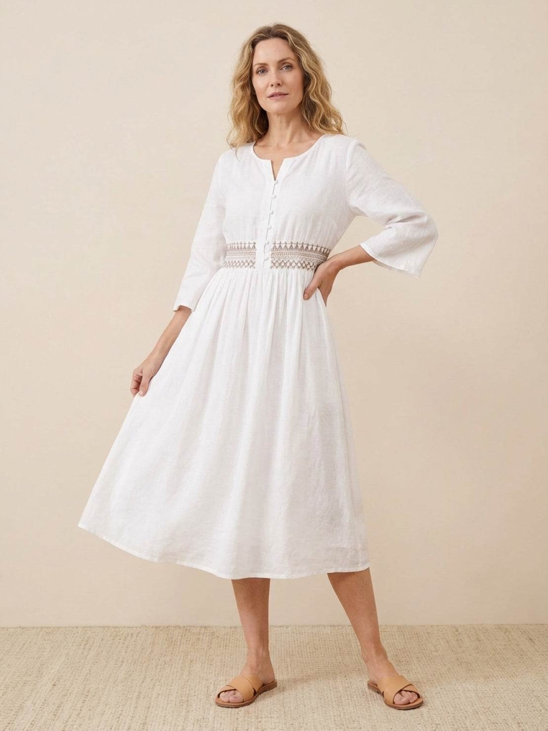 Rusty orange cotton linen midi dress with smocked waist and folk-art embroidery