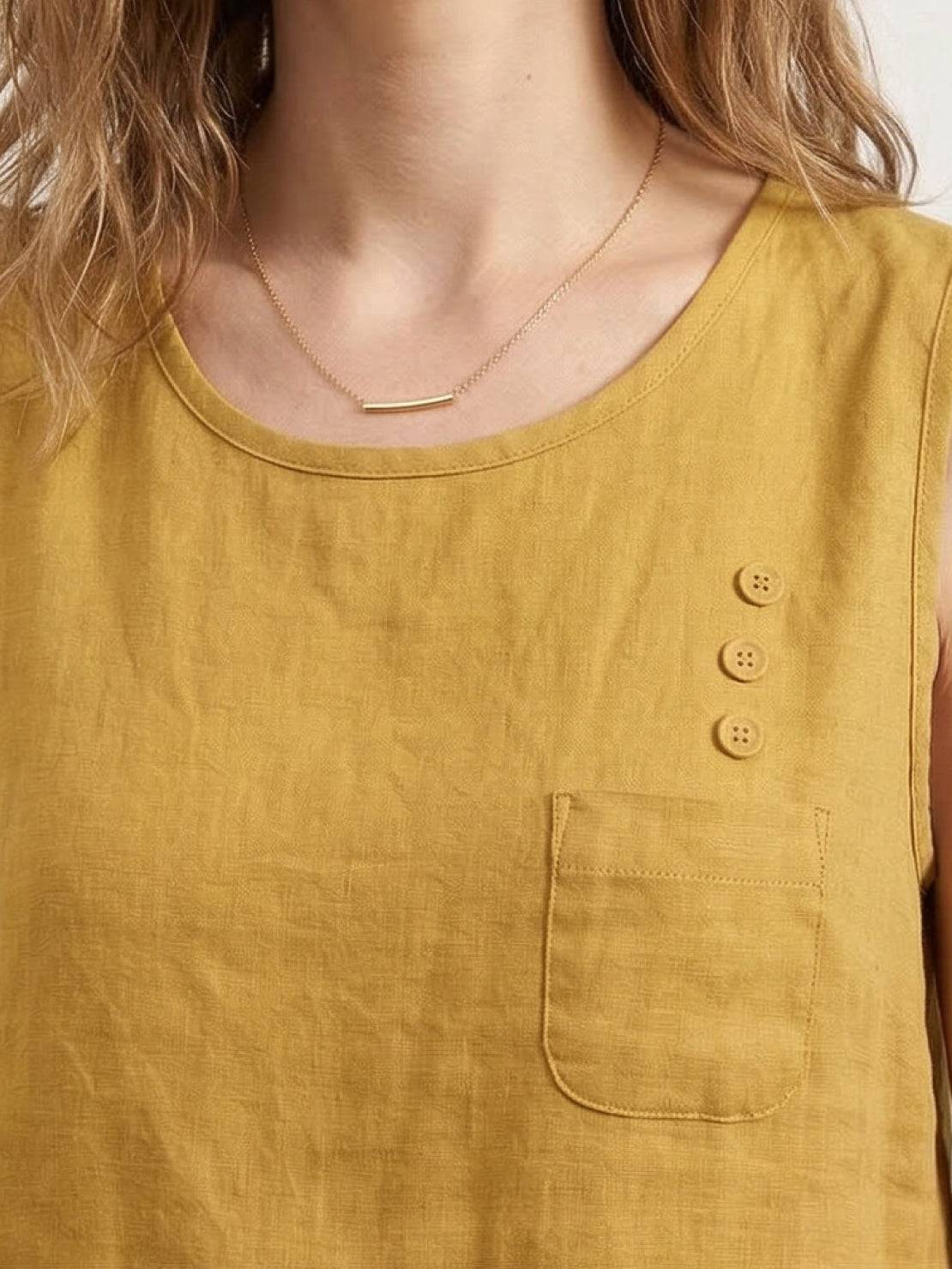 lightweight 100% cotton linen sleeveless top with chest pocket and curved hem