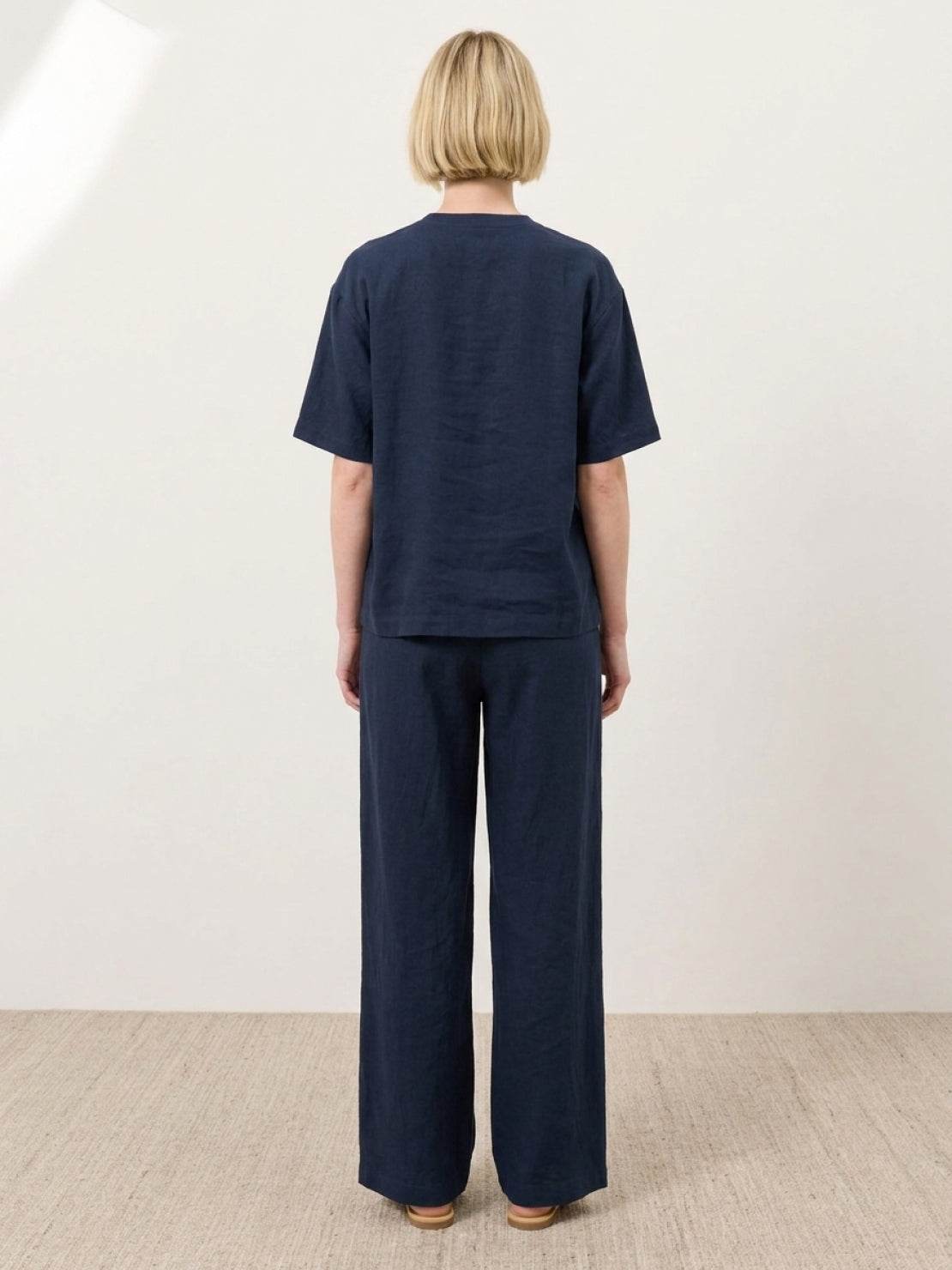 100% cotton two-piece set with button-front top and wide-leg pants in solid colors