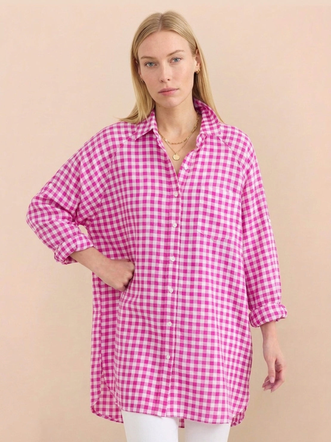 Oversized raspberry gingham linen shirt with back-pleat button detail and relaxed fit