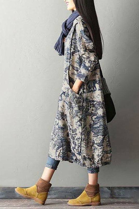 Blue Japanese porcelain print cozy midi dress with oversized pockets and 3/4 sleeves
