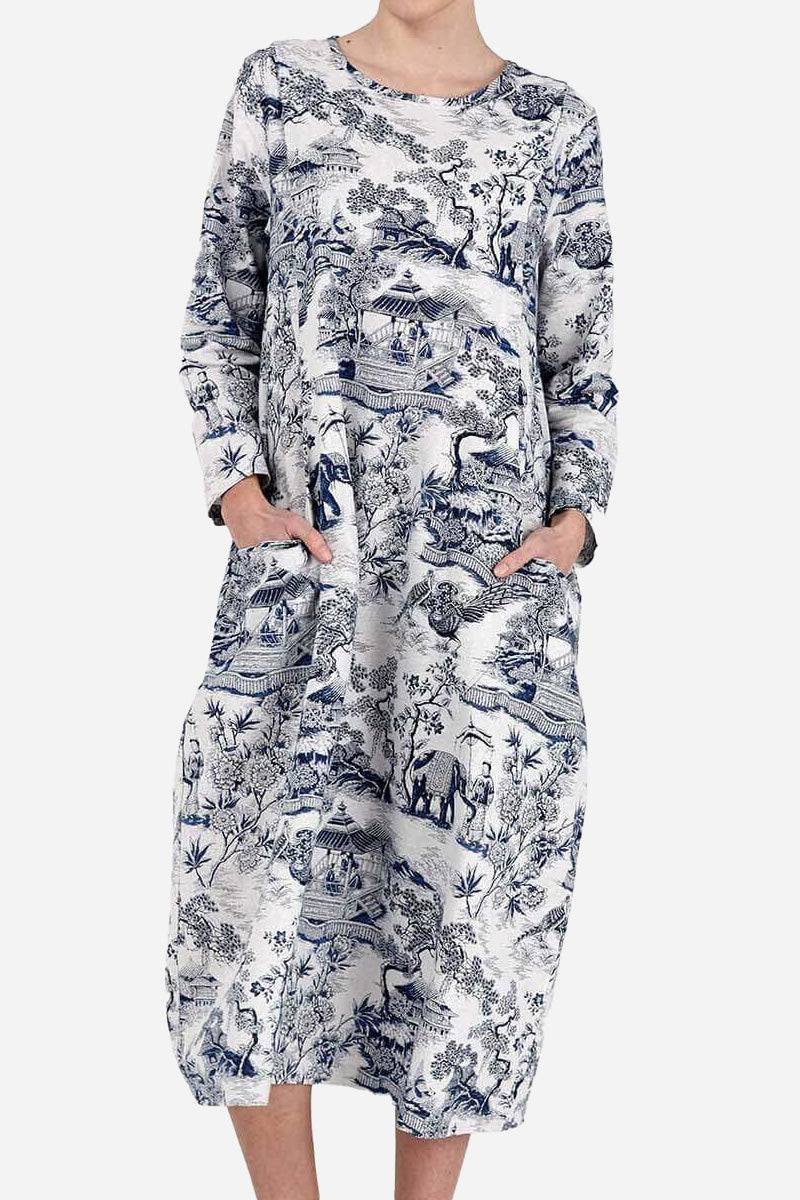 Blue Japanese porcelain print midi dress with 3/4 sleeves and front pockets