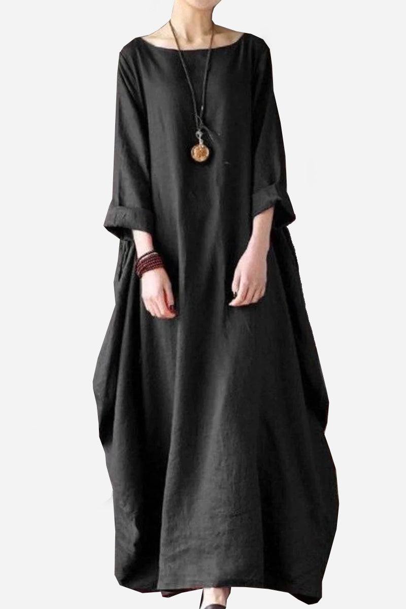 Black oversized bohemian maxi dress with long sleeves and relaxed fit