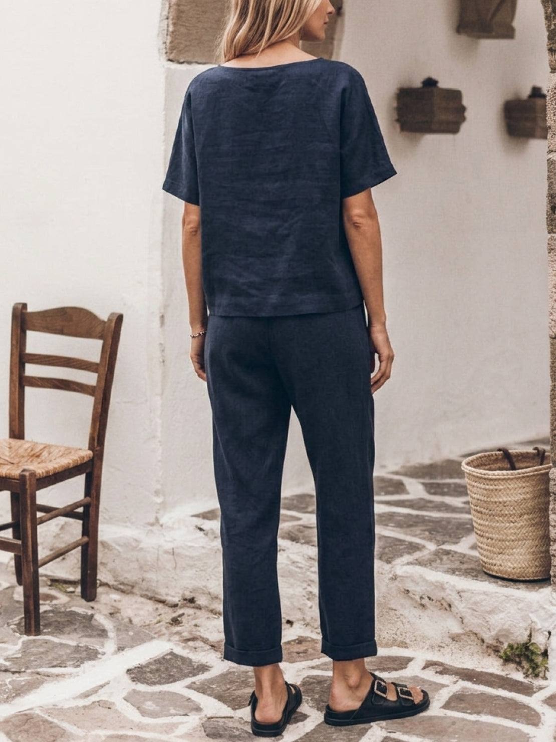 Cotton-linen set three-piece capsule in natural monochrome with relaxed fit and breathable fabric