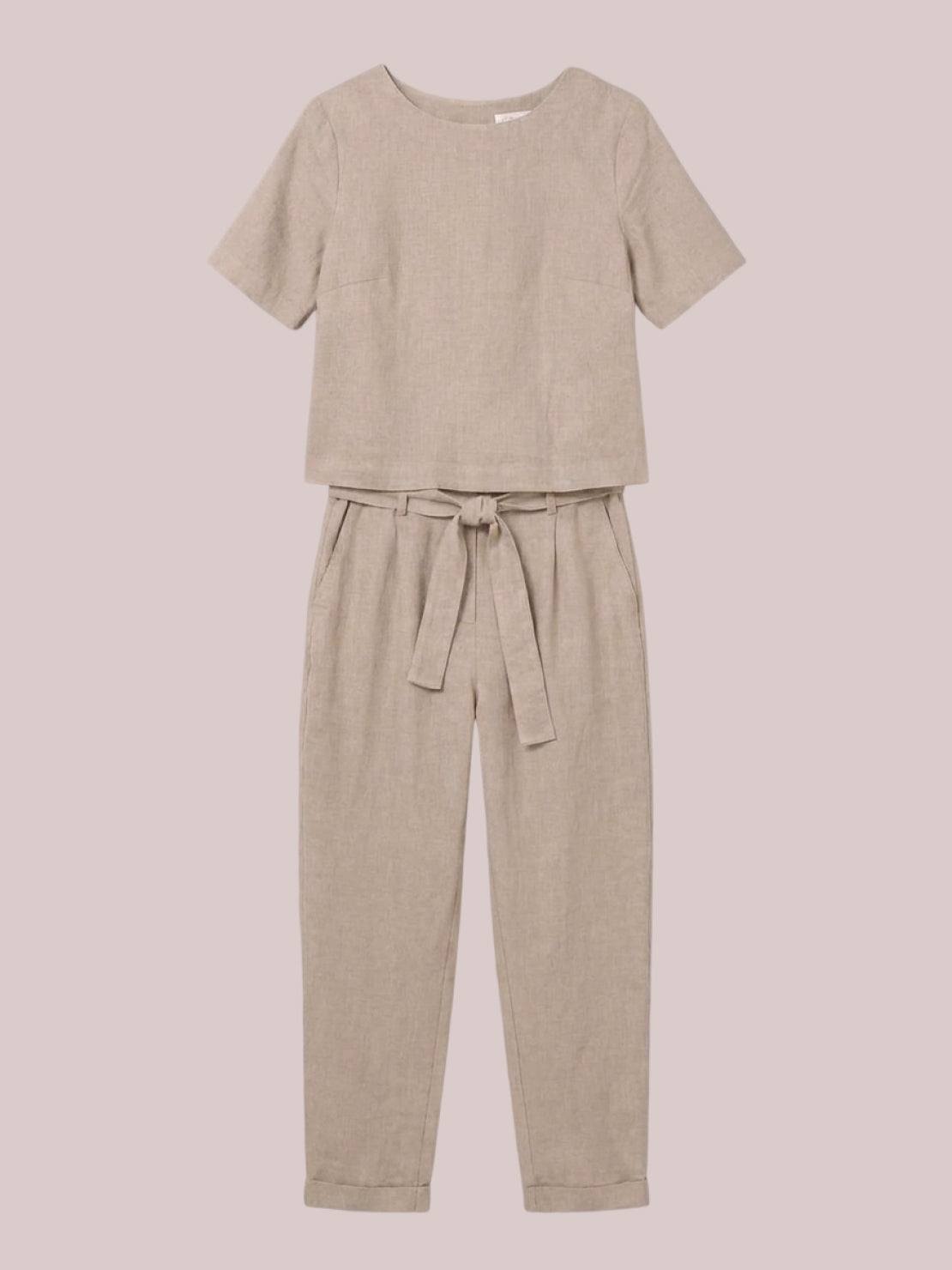 breathable cotton-linen set with relaxed short-sleeve top and straight-leg pants in a monochrome palette