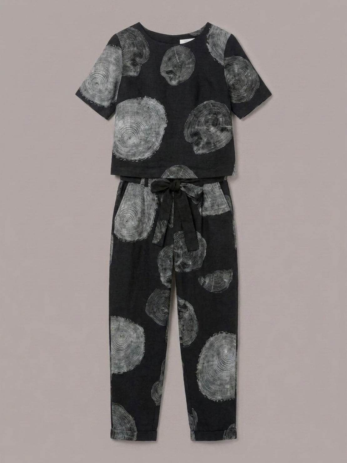cotton-linen set relaxed short-sleeve top and straight-leg pants in monochrome breathable blend