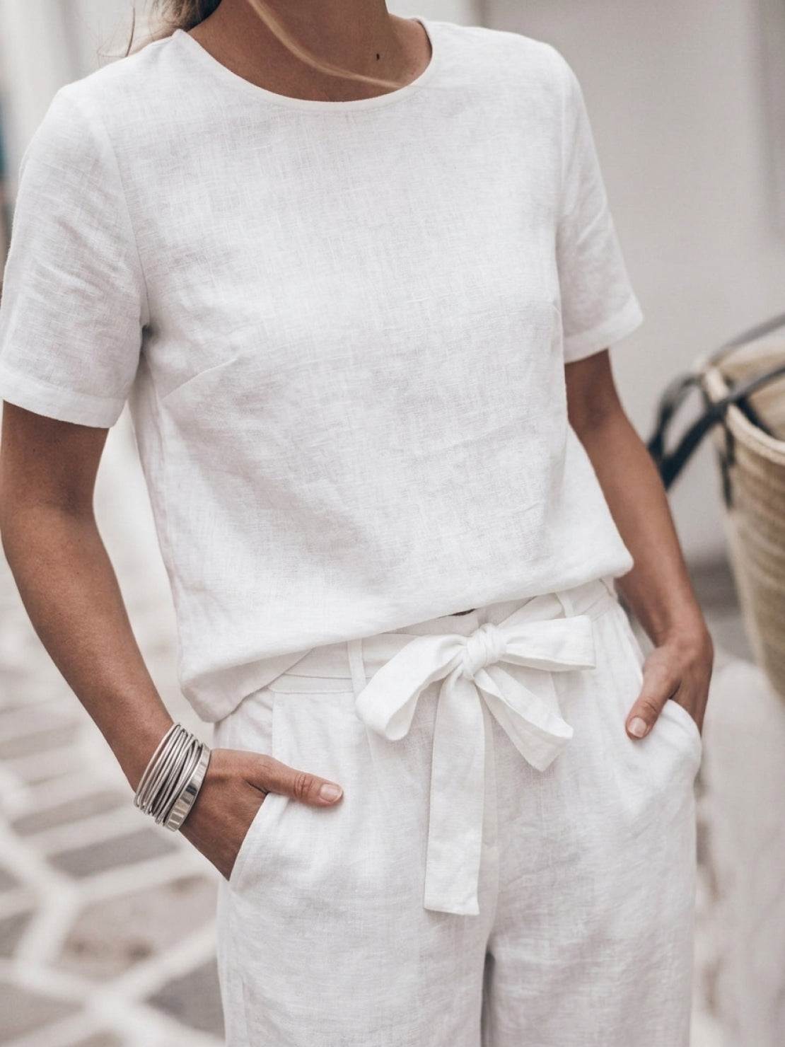 Cotton-linen set with relaxed short-sleeve top and straight-leg pants in monochrome breathable fabric