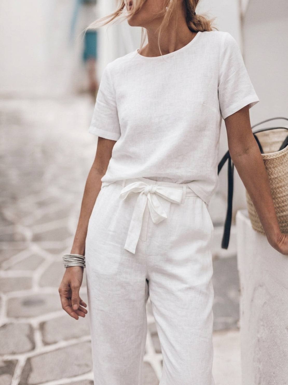 Cotton-linen set with relaxed short-sleeve top and straight-leg pants in monochrome breathable fabric