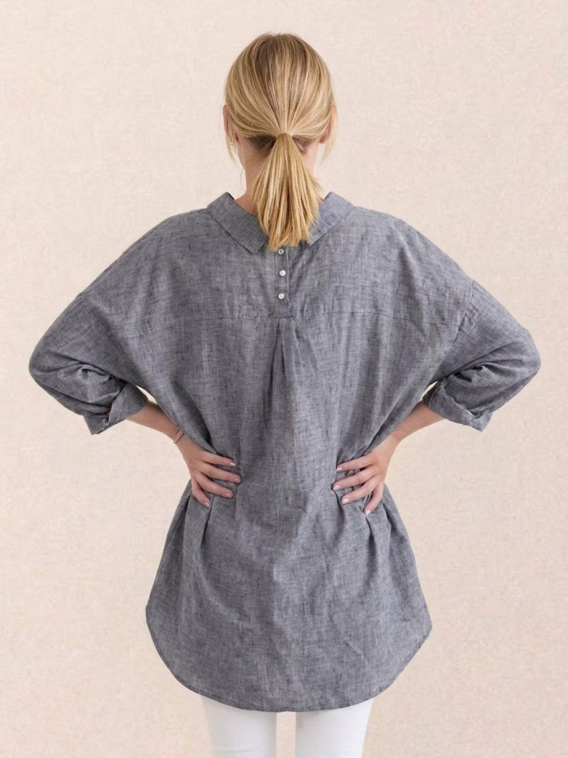 Oversized linen shirt in soft 45% linen 55% cotton blend with relaxed fit and back pleat detailing