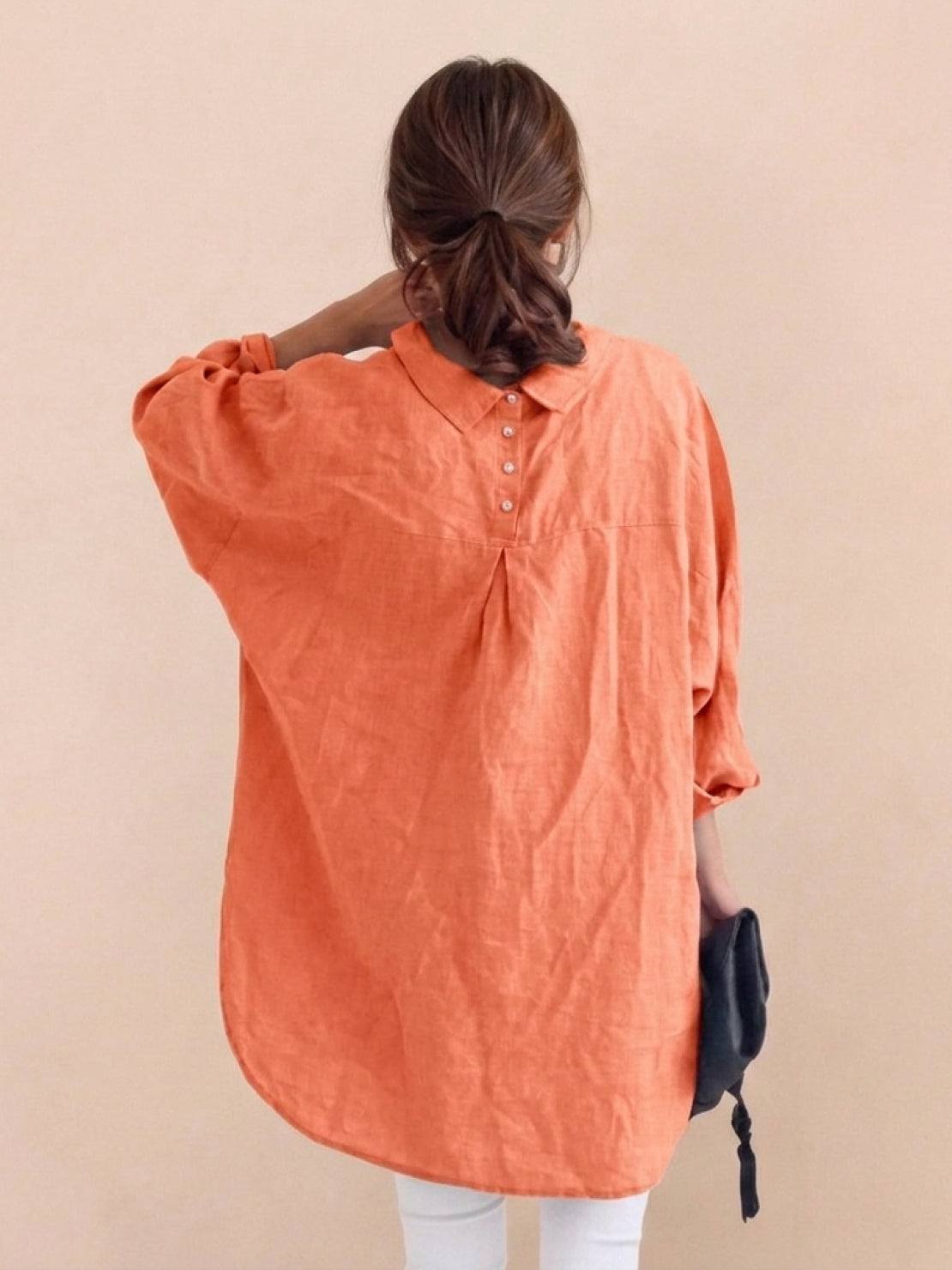 oversized relaxed cotton linen button-up shirt with dropped shoulders and back-pleat detail