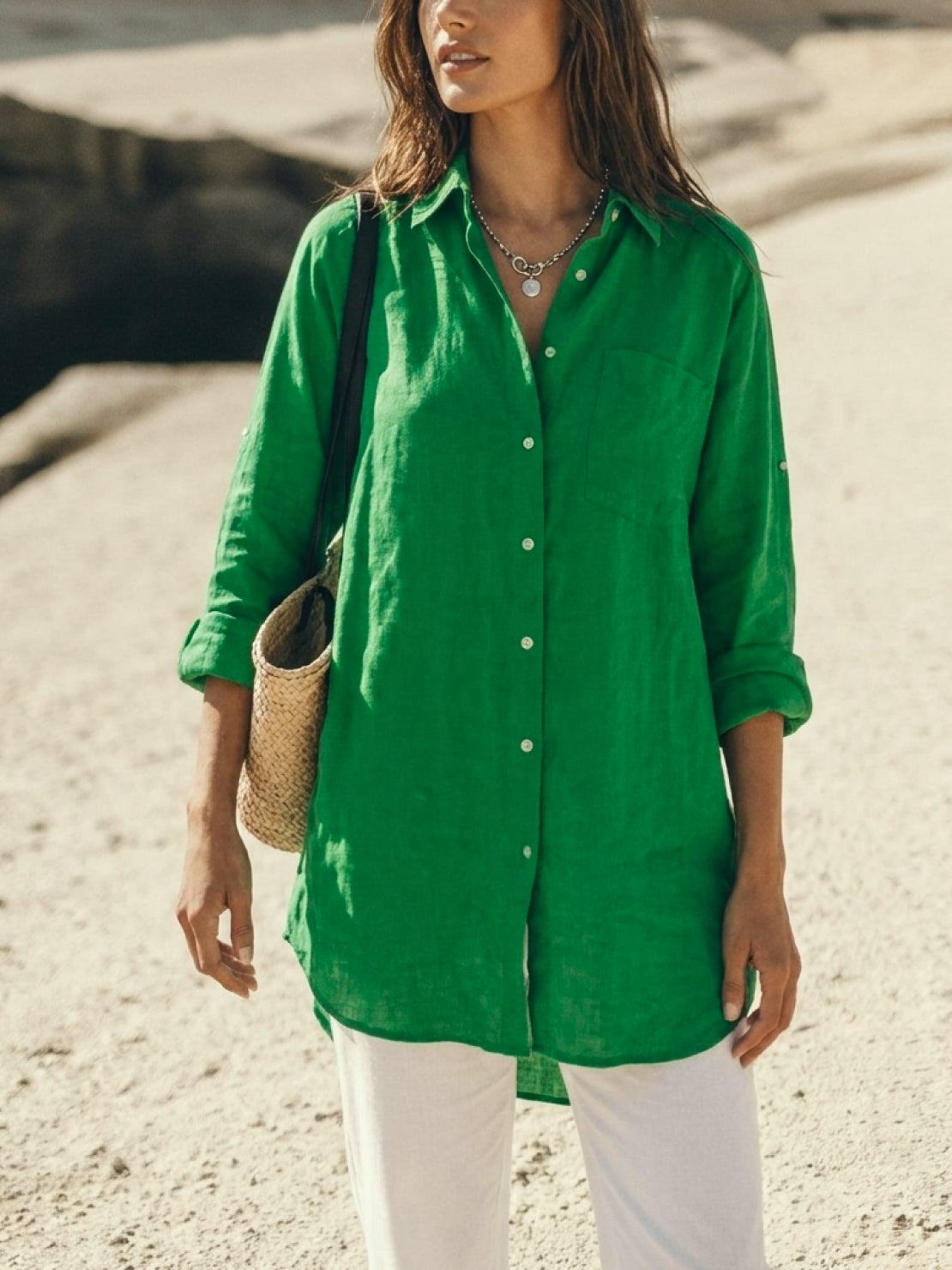 oversized relaxed fit cotton linen shirt with back pleat and dropped shoulders