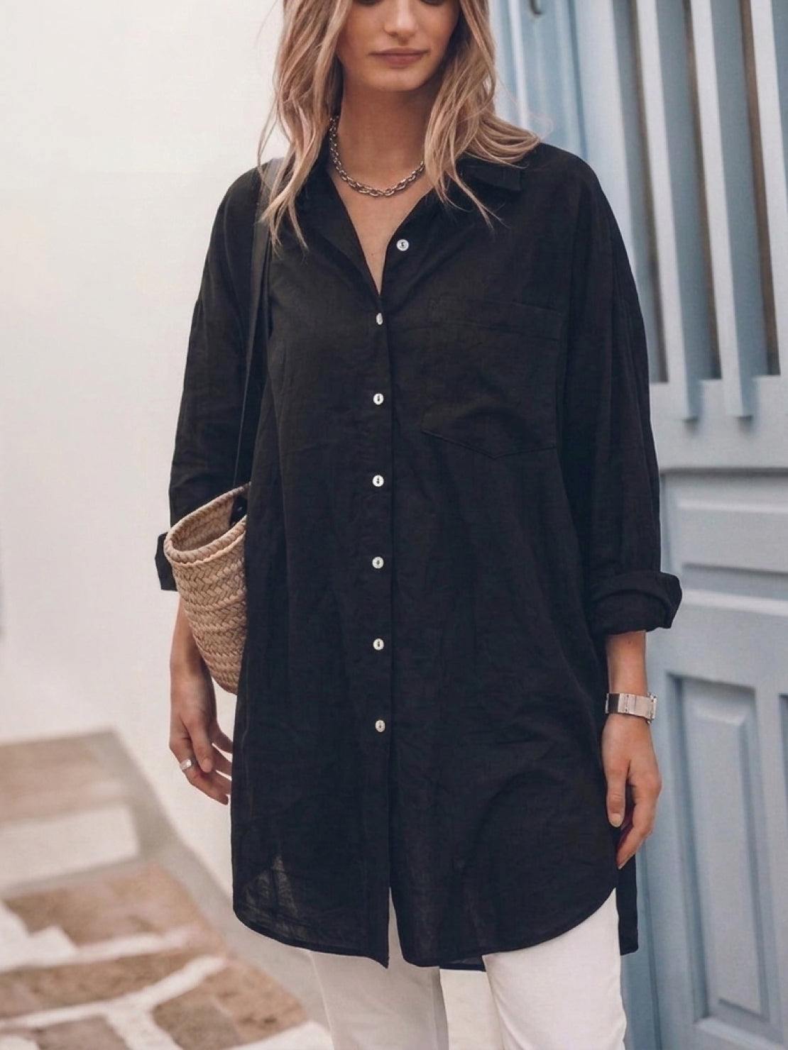 oversized 100% cotton linen shirt with relaxed fit dropped shoulders and back pleat detail